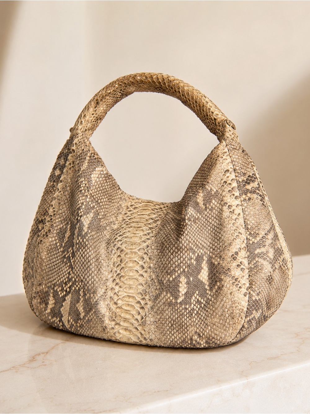 Neutral Snakeskin Leather Hobo Bag